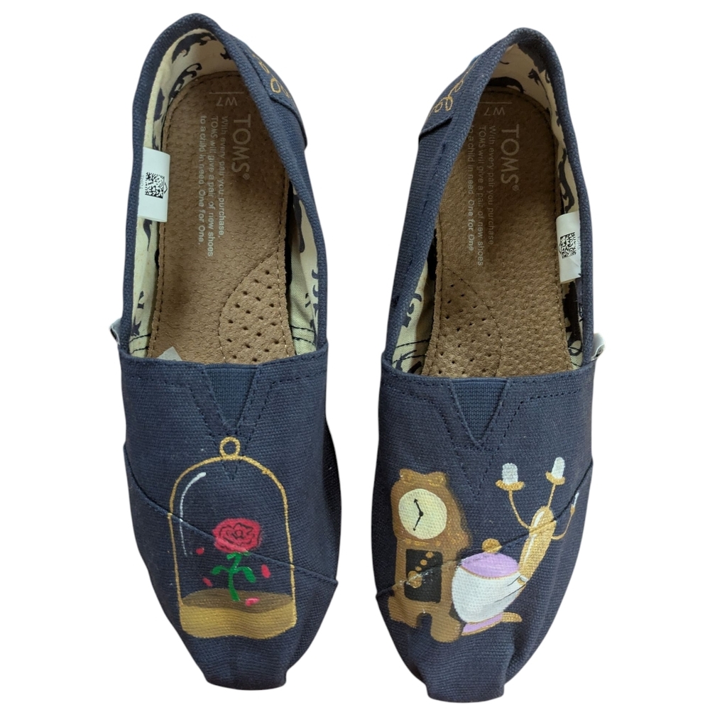 TOMS Custom Hand Painted Beauty and the Beast Navy Flats Size 7 - Picture 3 of 12